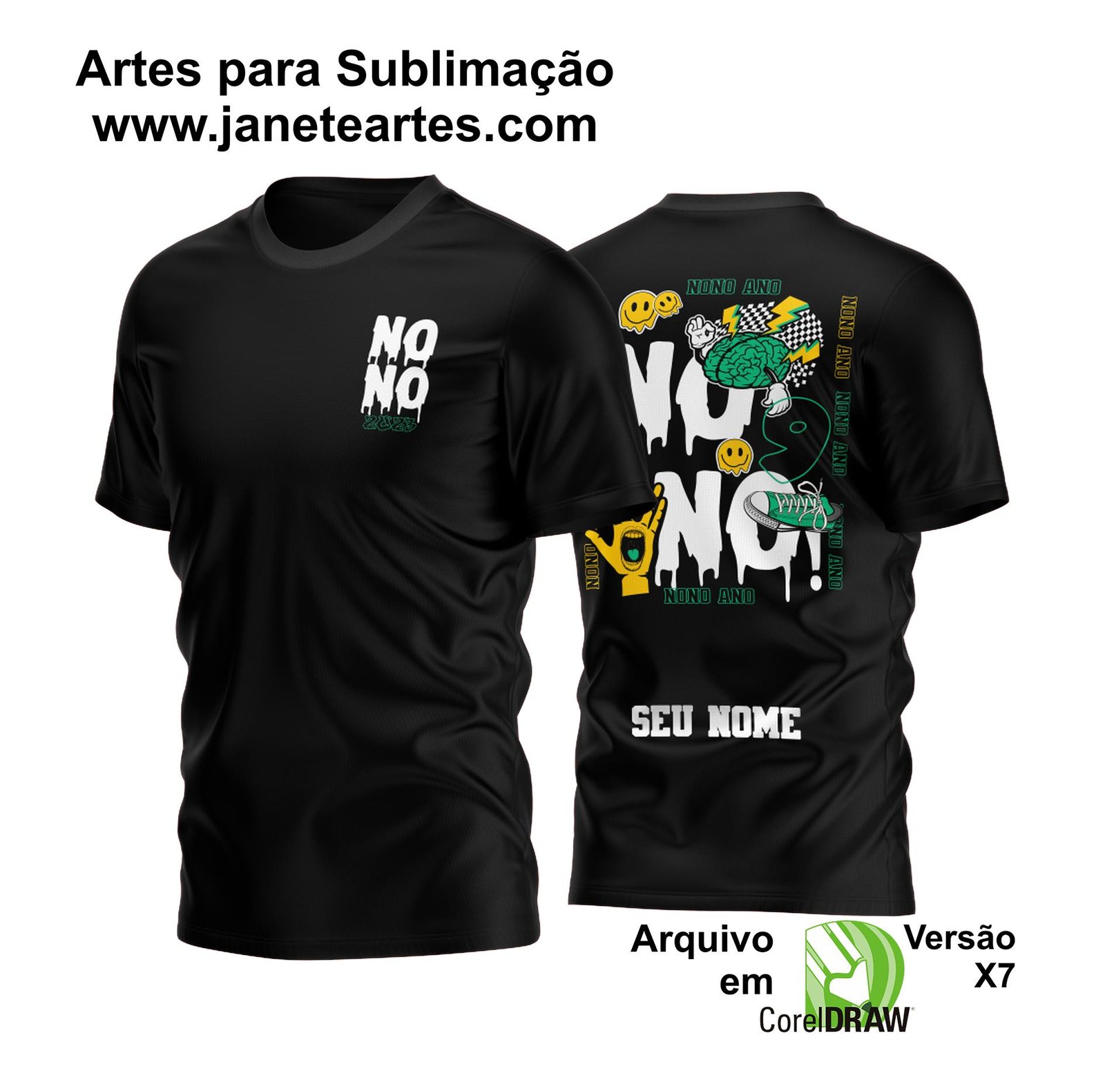 Arte em vetor de alta resolução disponível para personalização de camisas escolares do Nono Ano de 2023 na cor verde. Ideal para sublimação, esta arte apresenta elementos de graffiti escolar, incluindo a inscrição Nono Ano 2023. A imagem inclui uma carinha sorrindo, uma mão fazendo o sinal de Vida longa e próspera, um cérebro, um número e raios. Esta arte pode ser facilmente adaptada para as necessidades específicas da sua escola e garantirá que as camisas do Nono Ano de 2023 tenham uma aparência vibrante e única.