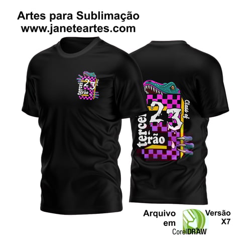 Arte vetorial de um dinossauro com mordendo o número três de formatura e a palavra Terceirão escrita como um L e com dois numeros 2 e 3