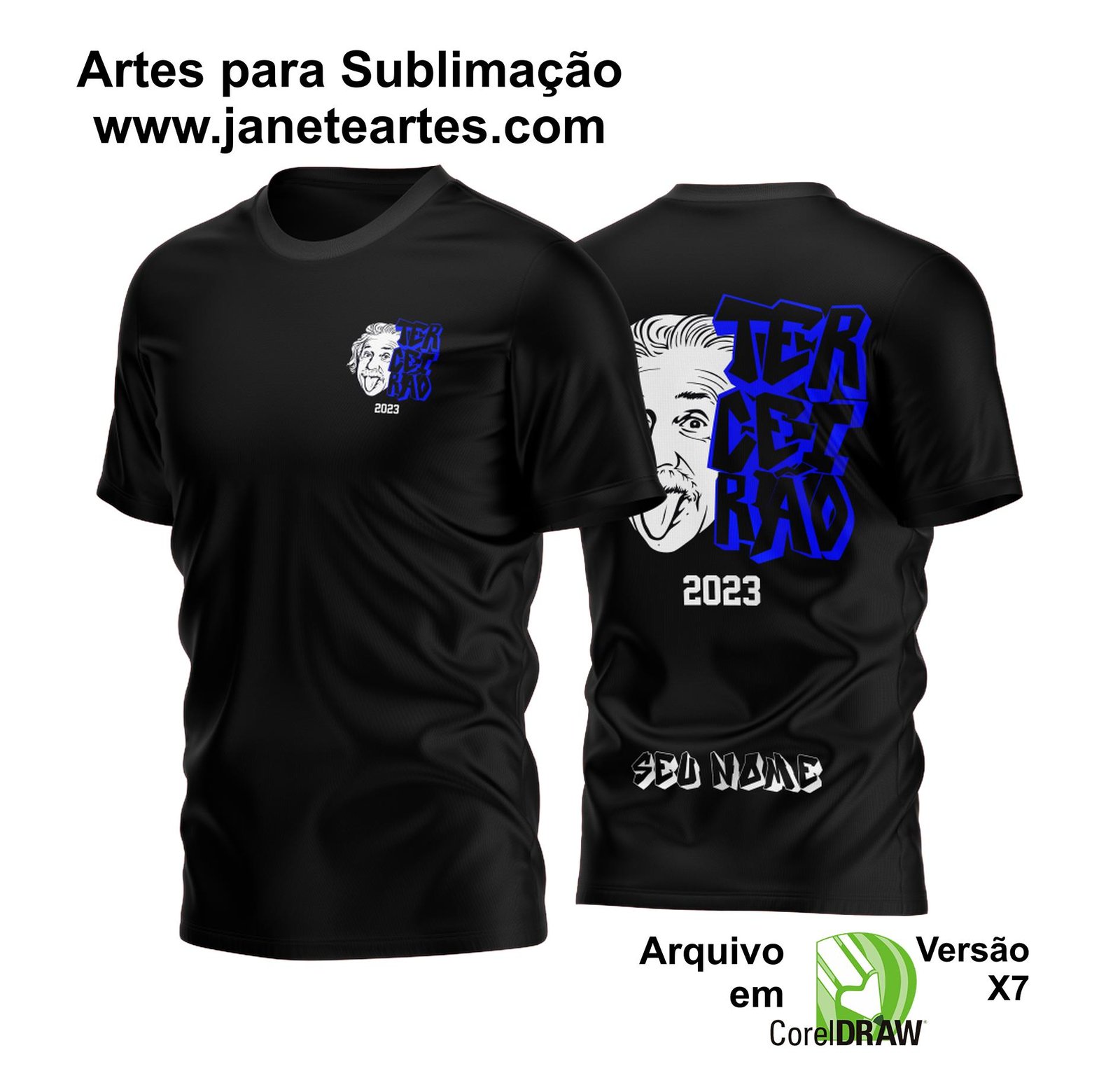 Arte vetorial de Albert Einstein mostrando a língua, formatura e a palavra Terceirão 2023 escrita em cima.