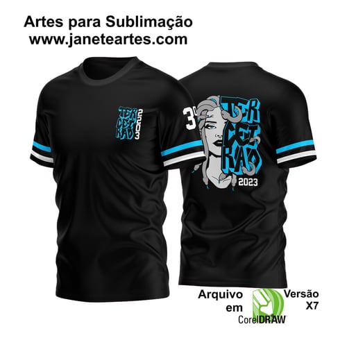Arte vetor de uma medusa estilizada em tons de cinza, branco e azul, com a inscrição Terceirão 2023 em azul.