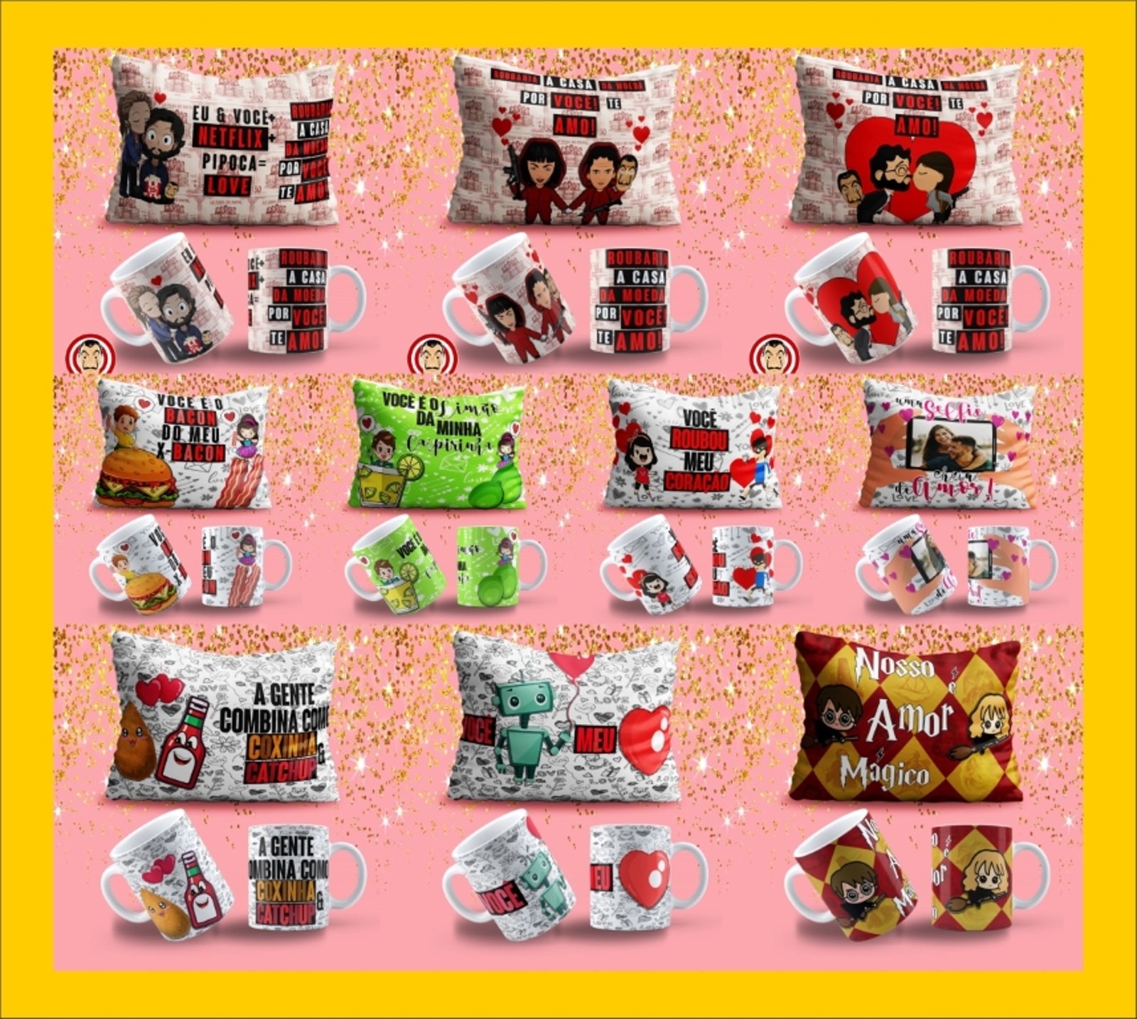 Pack Artes para Canecas e Almofadas: Divertido Dia dos Namorados - Janete Artes