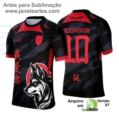 Camisa esportiva personalizada com design exclusivo, apresentando uma estampa gráfica detalhada na parte frontal, incorporando elementos artísticos como animais ou símbolos. O modelo inclui cores vibrantes e contrastantes, com detalhes adicionais como textos estilizados em diferentes idiomas. Na parte traseira, estão disponíveis personalizações com nome e número em destaque. Perfeita para jogos de interclasse, times amadores ou eventos esportivos personalizados.