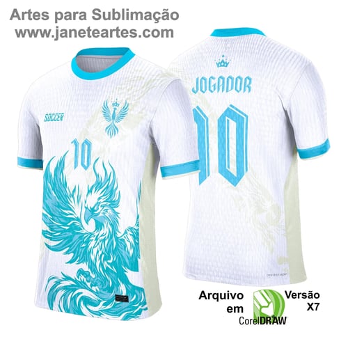 Camisa esportiva personalizada com design exclusivo, apresentando uma estampa gráfica detalhada na parte frontal, incorporando elementos artísticos como animais ou símbolos. O modelo inclui cores vibrantes e contrastantes, com detalhes adicionais como textos estilizados em diferentes idiomas. Na parte traseira, estão disponíveis personalizações com nome e número em destaque. Perfeita para jogos de interclasse, times amadores ou eventos esportivos personalizados.