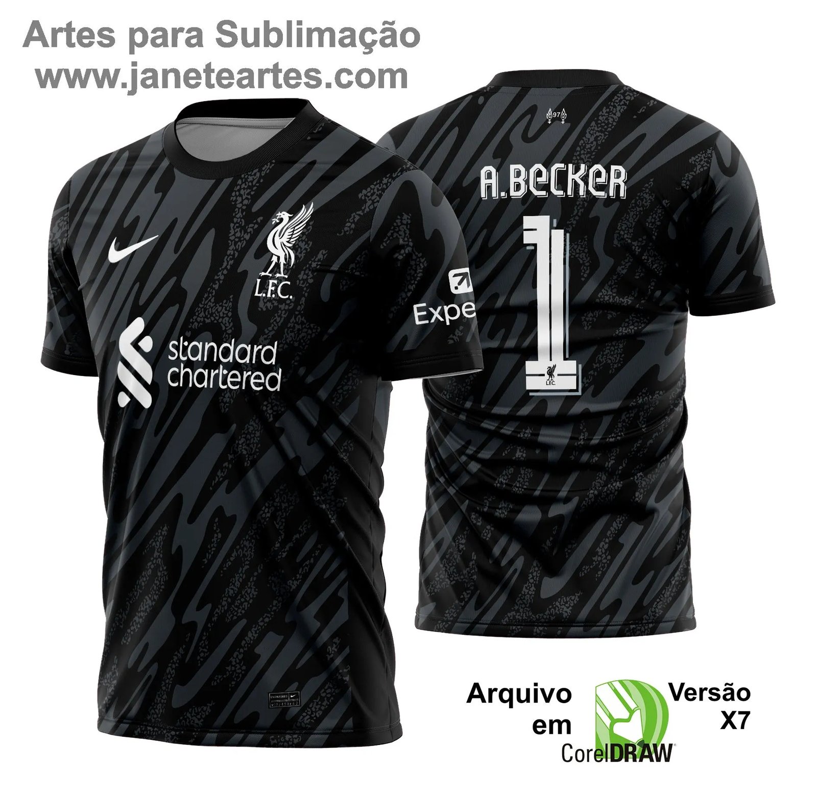 Uniforme de futebol personalizado, projetado para times amadores ou profissionais, com design moderno e arrojado. Apresenta uma combinação de cores contrastantes, logotipo ou escudo do time em destaque no peito, e detalhes gráficos na frente e nas mangas. Na parte traseira, há espaço para personalização com nome e número do jogador, garantindo identidade ao time. Ideal para jogos oficiais, amistosos ou competições, oferecendo estilo e funcionalidade. - Janete Artes