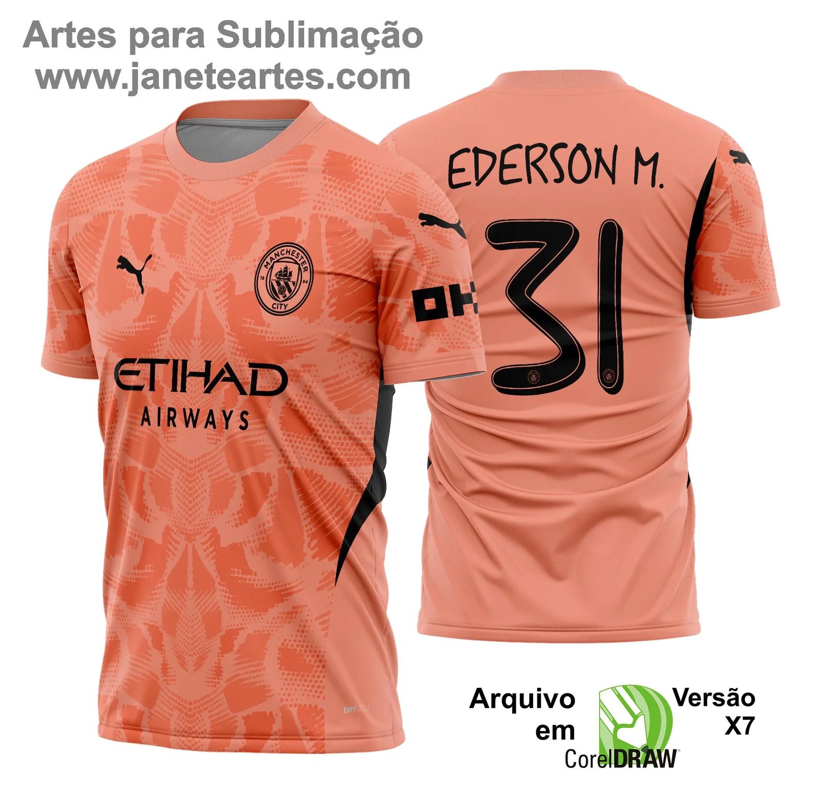 Uniforme de futebol personalizado, projetado para times amadores ou profissionais, com design moderno e arrojado. Apresenta uma combinação de cores contrastantes, logotipo ou escudo do time em destaque no peito, e detalhes gráficos na frente e nas mangas. Na parte traseira, há espaço para personalização com nome e número do jogador, garantindo identidade ao time. Ideal para jogos oficiais, amistosos ou competições, oferecendo estilo e funcionalidade. - Janete Artes