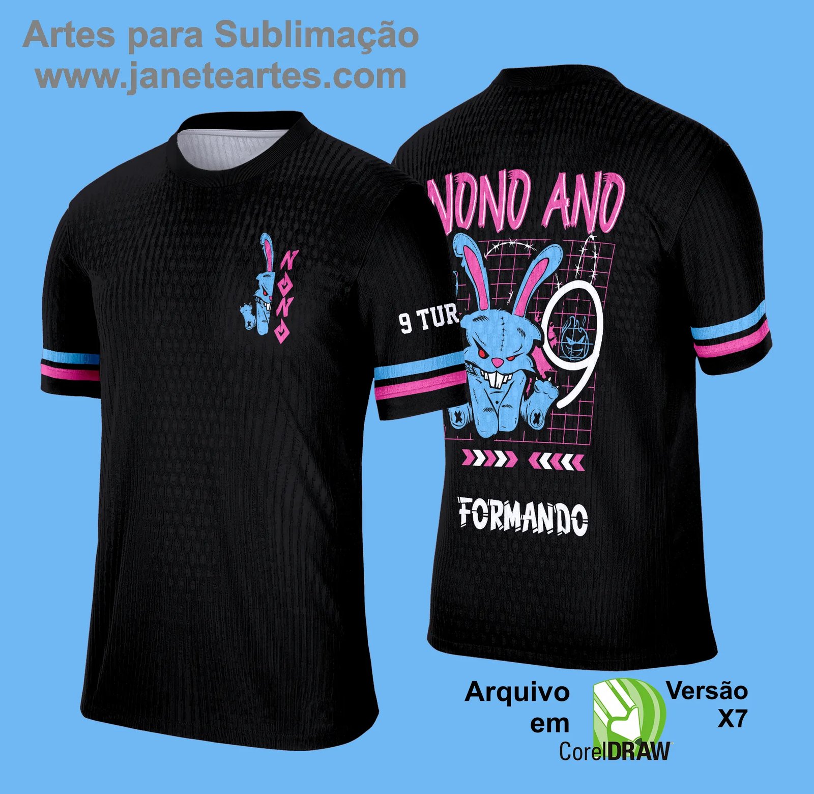 Arte Vetor Camisa Formandos Nono Ano 2025: Coelho Azul e Rosa - Janete Artes