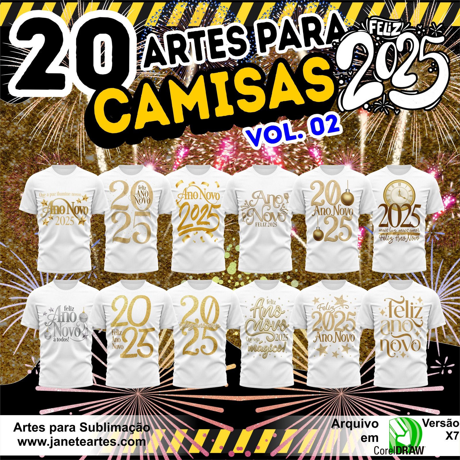 Kit 20 Artes Vetor Camisa Ano Novo Réveillon 2025 - Janete Artes