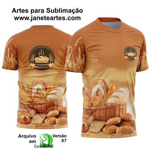 Camiseta Padeiro Padaria Panificadora Uniforme Personalizado - Cor Bege com pães e detalhes de trigo e fogo
