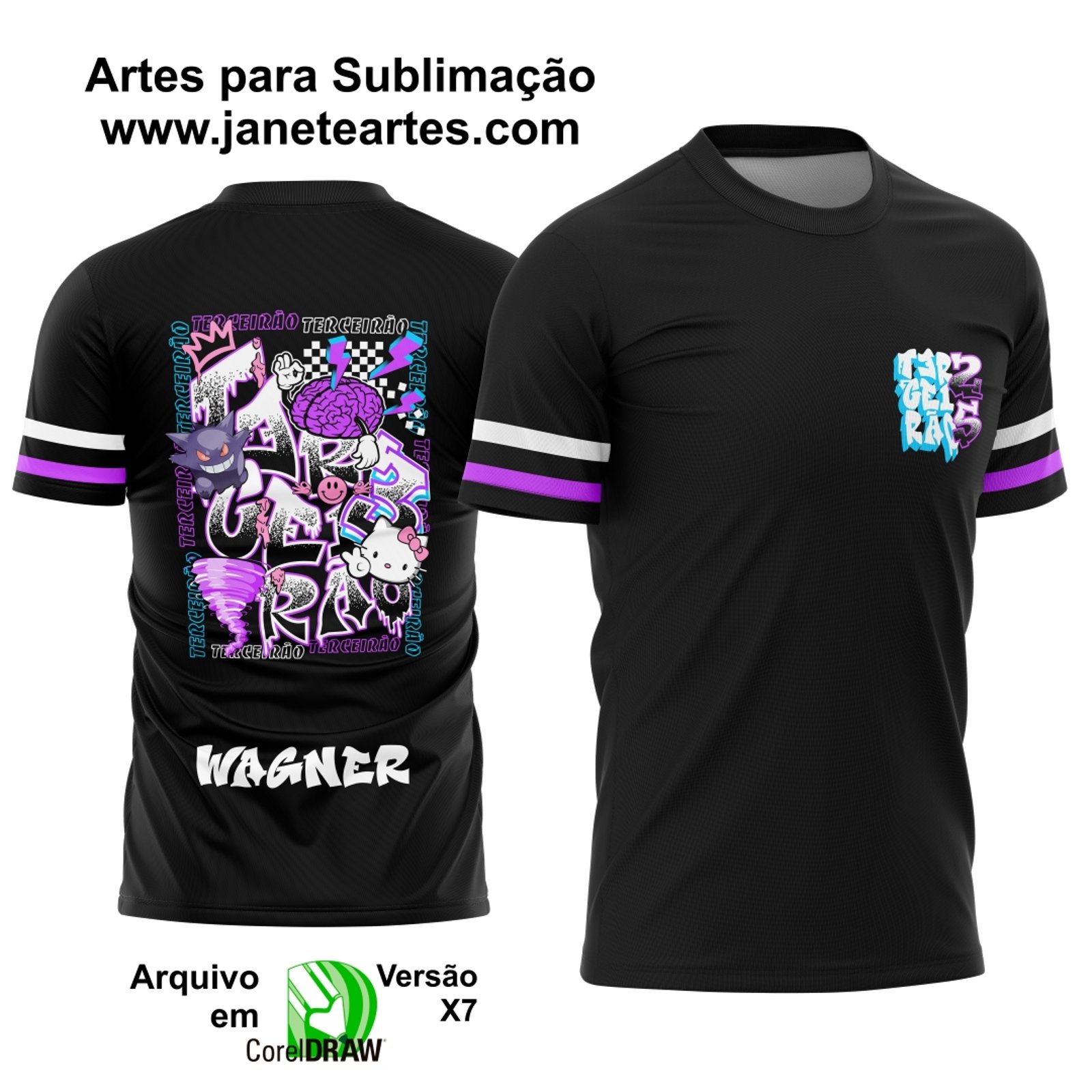 Arte Estampa Camisa Terceirão Gengar e Hello Kitty 2025 - Janete Artes