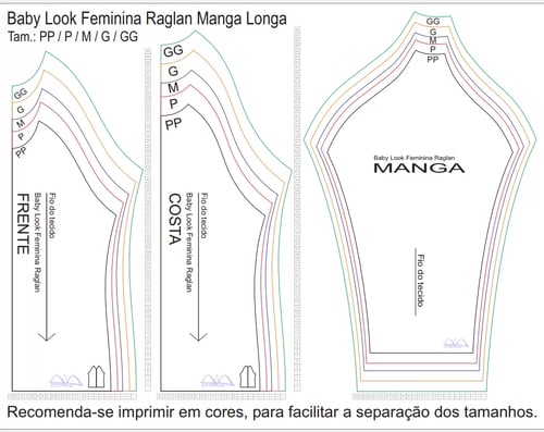 Molde de Costura Para Imprimir Camiseta - 02 - Baby Look Raglan Manga Longa (PP ao GG) ok