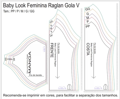 Molde de Costura Para Imprimir Camiseta - 03 - Baby Look Raglan Gola V (PP ao GG) ok