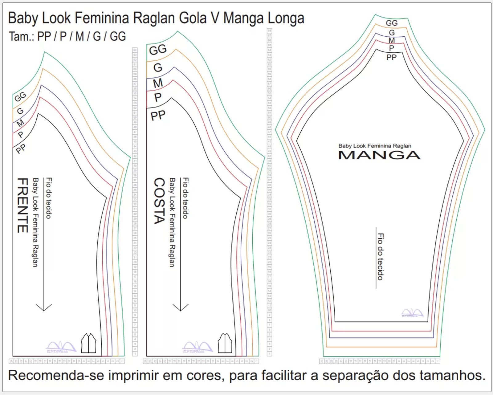 Molde de Costura Para Imprimir Camiseta - 04 - Baby Look Raglan Gola V Manga Longa (PP ao GG) ok