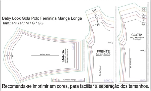 Molde de Costura Para Imprimir Camiseta - 06 - Baby Look Tradicional Manga Longa (PP ao GG)
