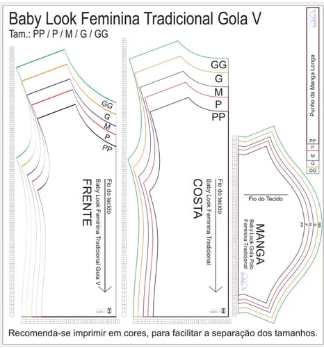 Molde de Costura Para Imprimir Camiseta - 07 - Baby Look Tradicional Gola V (PP ao GG)