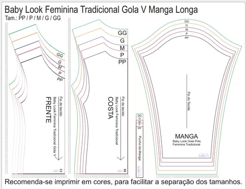 Molde de Costura Para Imprimir Camiseta - 08 - Baby Look Tradicional Gola V Manga Longa (PP ao GG)