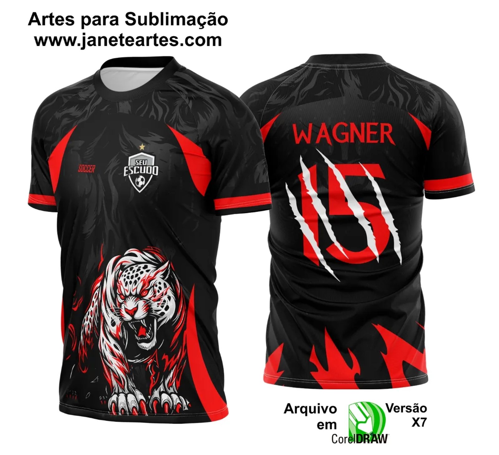 Arte Vetor Camisa Interclasse Onça - Pantera Branca e Vermelha 2025 - Janete Artes