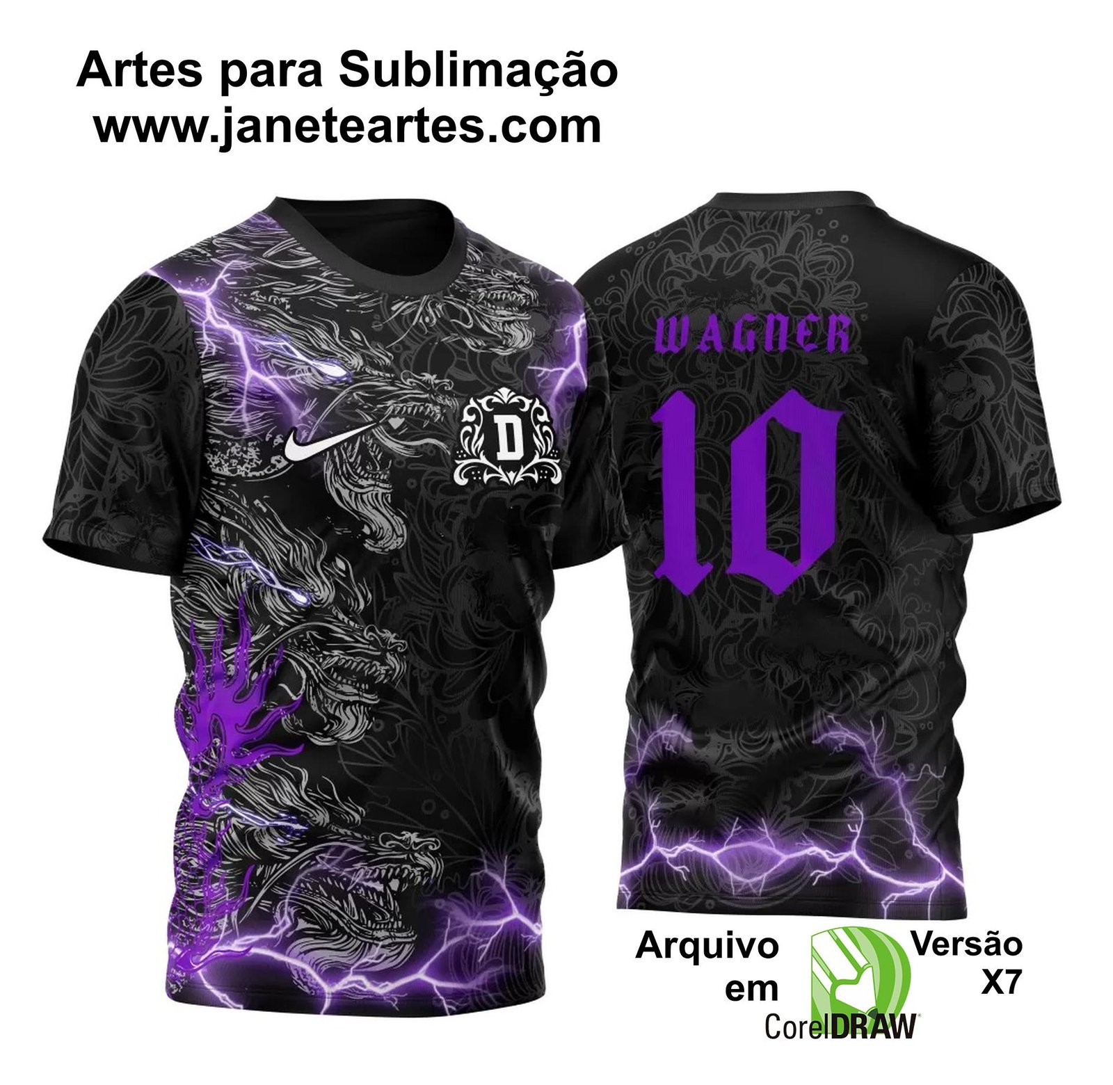 Arte Vetor Camisa Duplo Dragão Caveiras e Raios Roxa