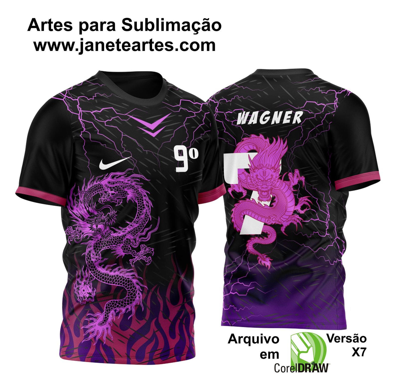 Arte Vetor Camisa Dragão Fogo e Raios Roxo Formandos Nono Ano 2023