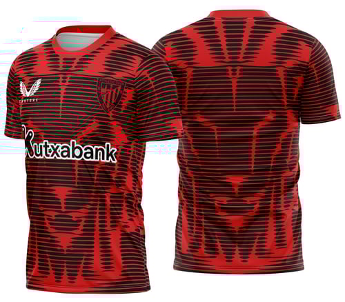 Camiseta unissex preta com logo no peito e estampa grande nas costas inspirada no Atletico de Bilbao Quarto Kit 2026, ideal para fãs e colecionadores.