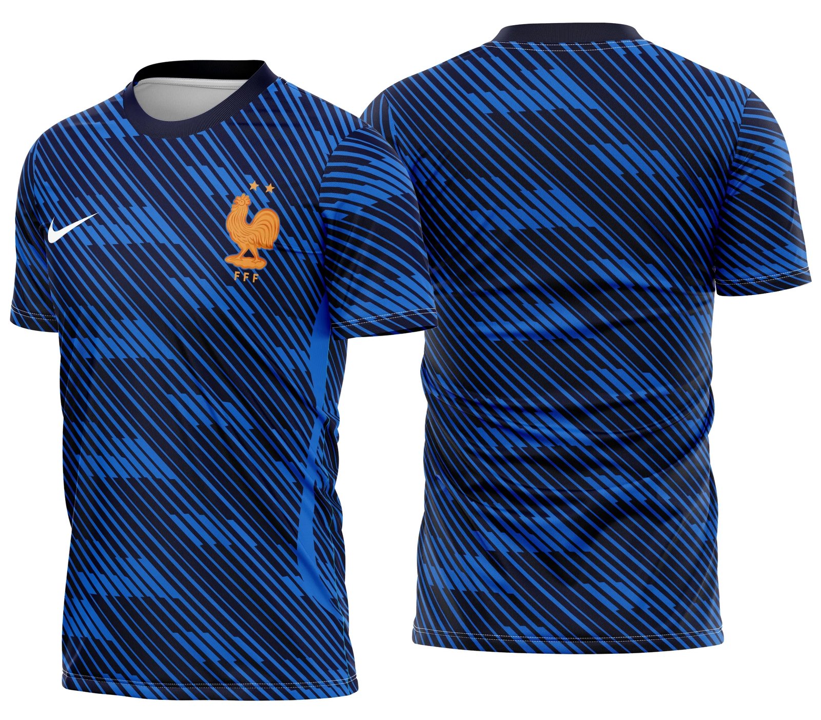 Foto de camiseta unissex preta com logo no peito e estampa grande nas costas mostrando o tema França Home Kit 2026 em estilo esportivo e moderno.