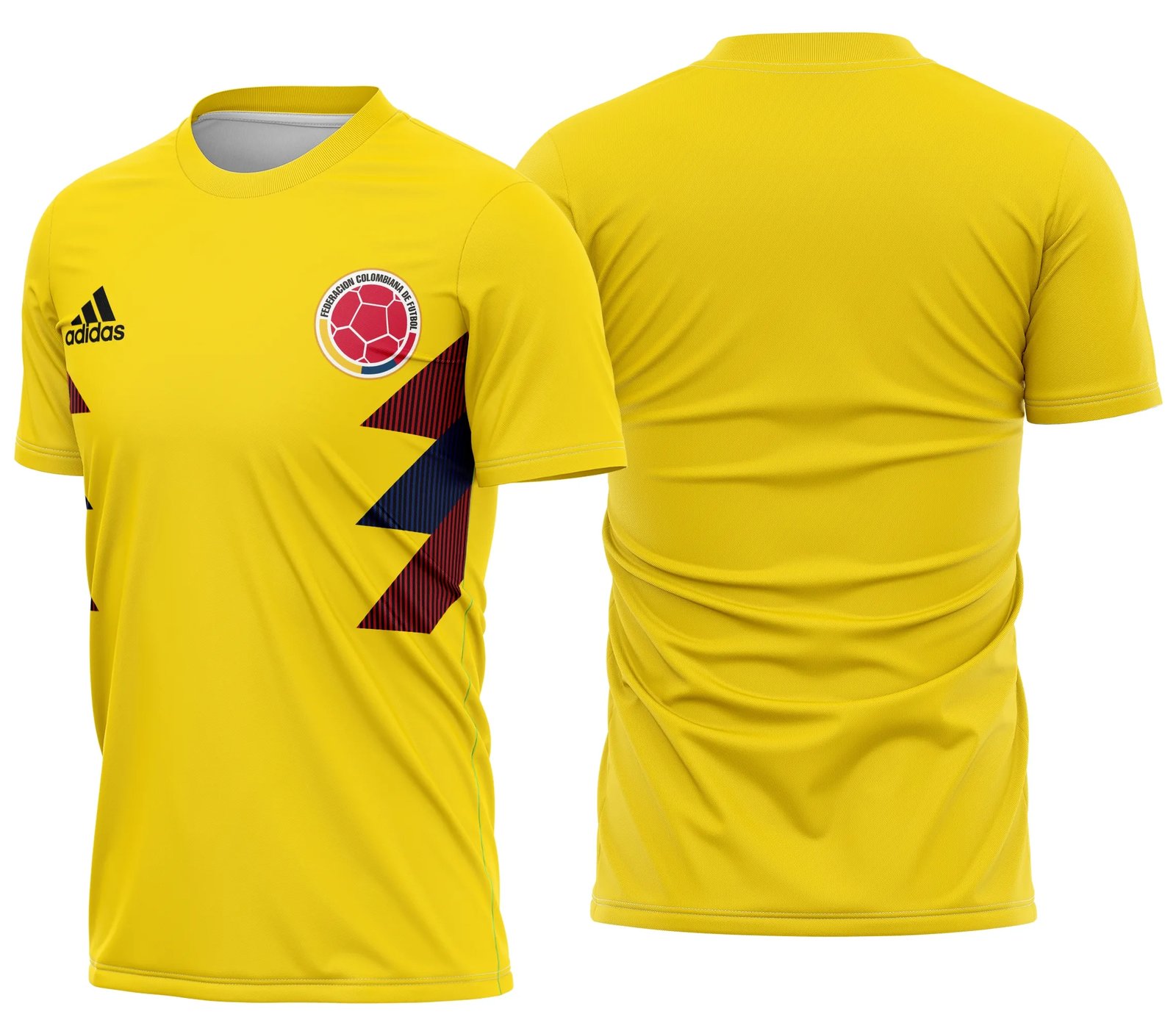 Camiseta unissex preta com logo no peito e estampa grande nas costas inspiradas no Colômbia Home Kit 2018, ideal para fãs do futebol e estilo esportivo.