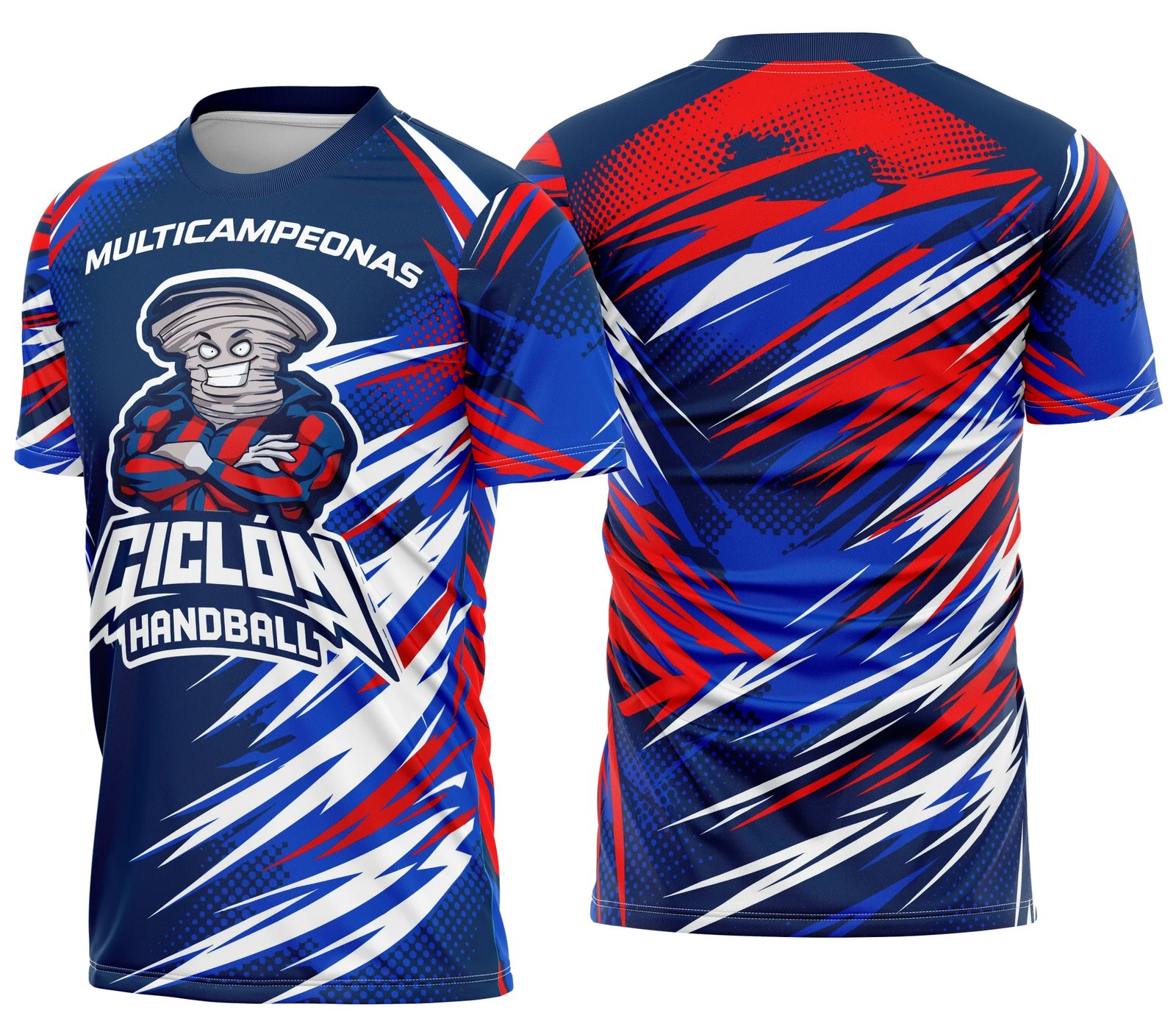 Camiseta unissex preta com logo no peito e estampa grande nas costas sobre o tema CICLON Handball Multicampeãs, ideal para quem ama handball e esportes, com design marcante e esportivo.