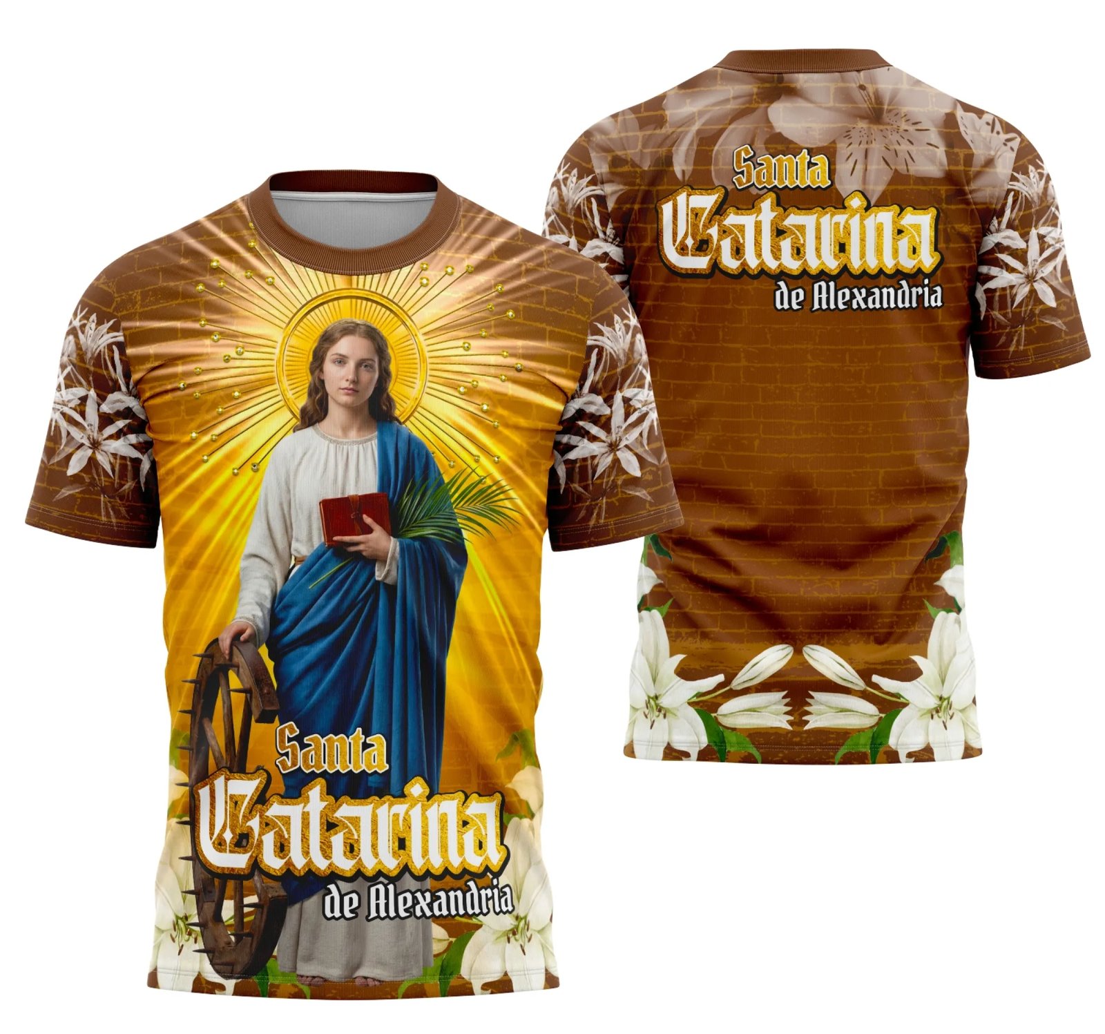 Camiseta unissex preta com logo no peito e estampa grande nas costas inspirada em Santa Catarina de Alexandria, perfeita para fãs da temática religiosa e cultural.