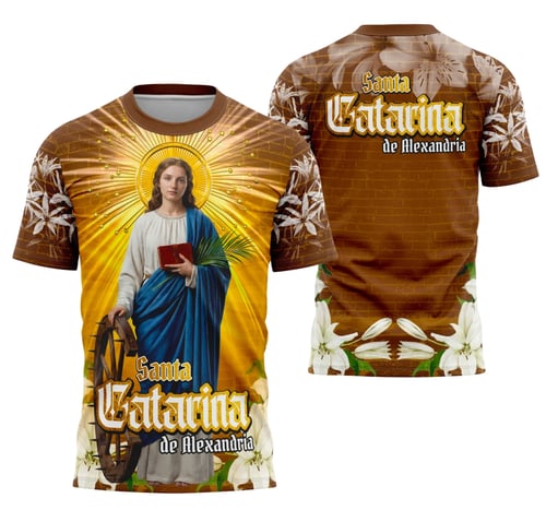 Camiseta unissex preta com logo no peito e estampa grande nas costas inspirada em Santa Catarina de Alexandria, perfeita para fãs da temática religiosa e cultural.
