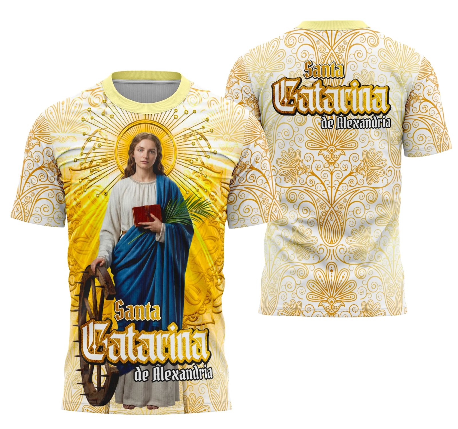 Camiseta unissex com cor preta, logo no peito e estampa grande nas costas com tema Santa Catarina de Alexandria, ideal para impressionar com estilo e fé.