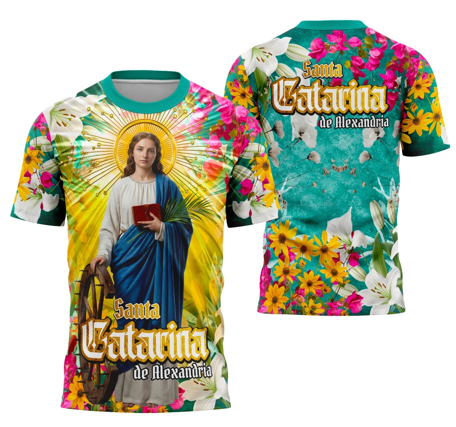 Camiseta unissex preta com logo no peito e estampa grande nas costas mostrando Santa Catarina de Alexandria, design moderno e marcante para quem busca estilo e fé.