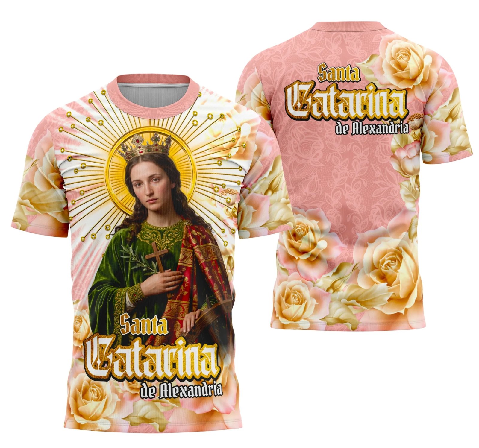 Camiseta unissex preta com logo no peito e estampa grande nas costas da Santa Catarina de Alexandria, combinando estilo religioso e moderno para diferentes ocasiões.