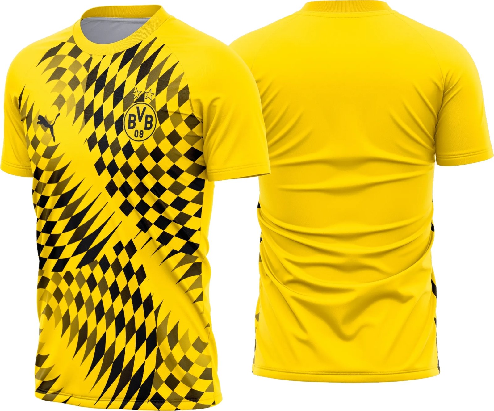Camiseta unissex preta com logo no peito e estampa grande nas costas de Borussia Dortmund Pré-Jogo 2023-24, ideal para fãs e colecionadores, combinando estilo e modernidade na estampa.