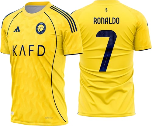 Camiseta unissex preta com logo no peito e estampa grande nas costas, inspirada na Camisa Al-Nassr Titular 2025-26, ideal para fãs e colecionadores do time.