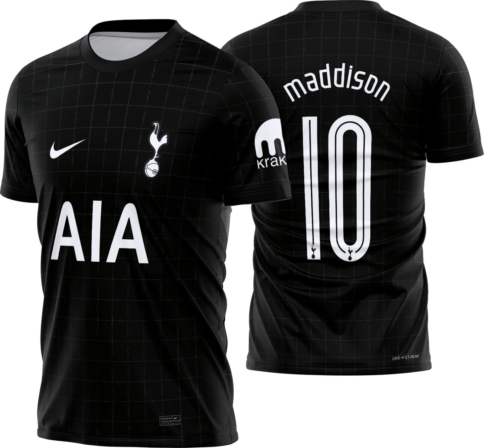 Camiseta unissex preta com logo no peito e estampa grande nas costas tema Tottenham Reserva 2025-26, perfeita para fãs do time e estilo moderno