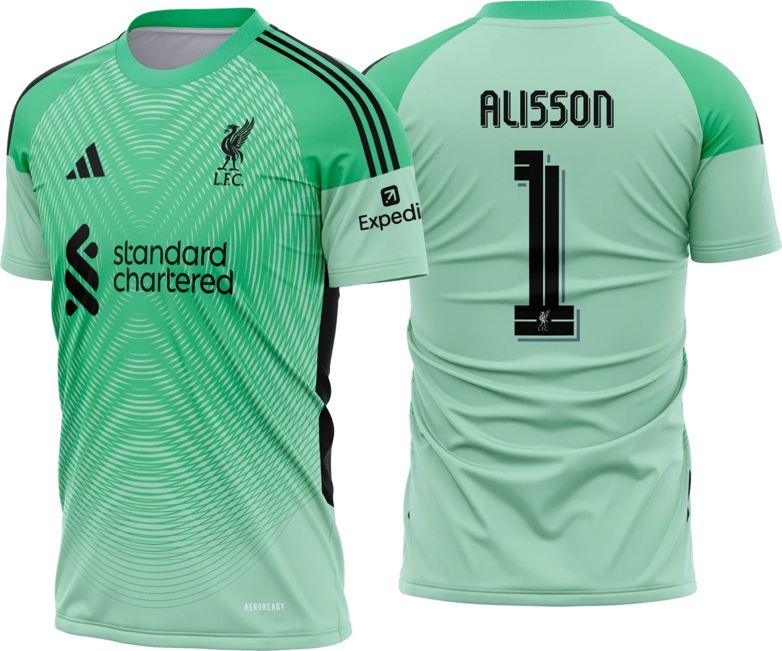 Camiseta preta unissex com logo no peito e estampa grande nas costas que destaca o tema Liverpool Goleiro 2025-26, ideal para fãs do time.