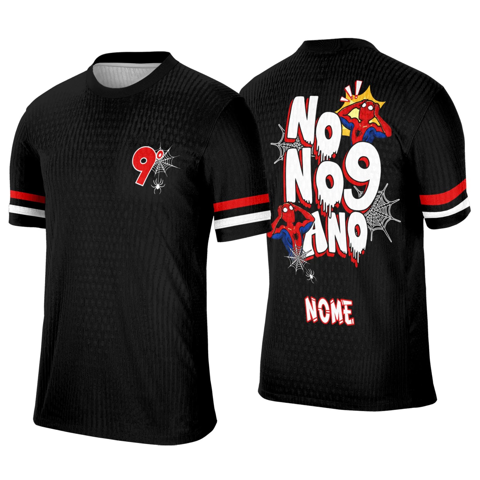Camiseta unissex preta com logo no peito e estampa grande nas costas temática do Homem Aranha, ideal para fãs da nona série que buscam estilo e diferencial.