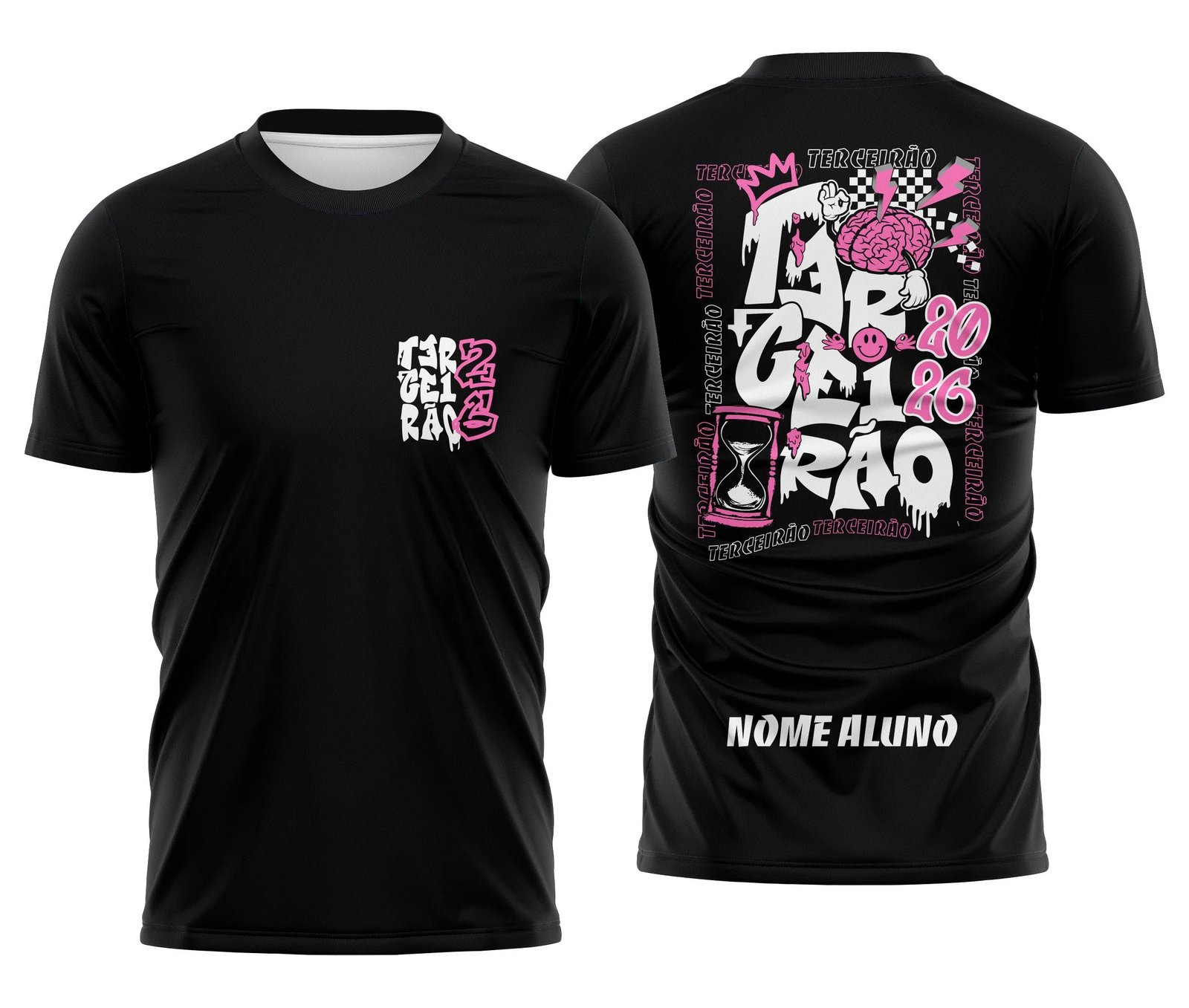Camiseta unissex preta com logo no peito e estampa grande nas costas mostrando a temática Tercirão Ampulheta Cérebro, ideal para estudantes que buscam estilo e identidade visual marcante.