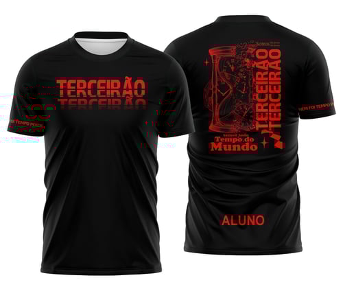 Camiseta unissex preta com logo no peito e estampa grande nas costas com tema TerceirãoTempo Perdido, perfeita para quem busca estilo e identidade nas roupas.