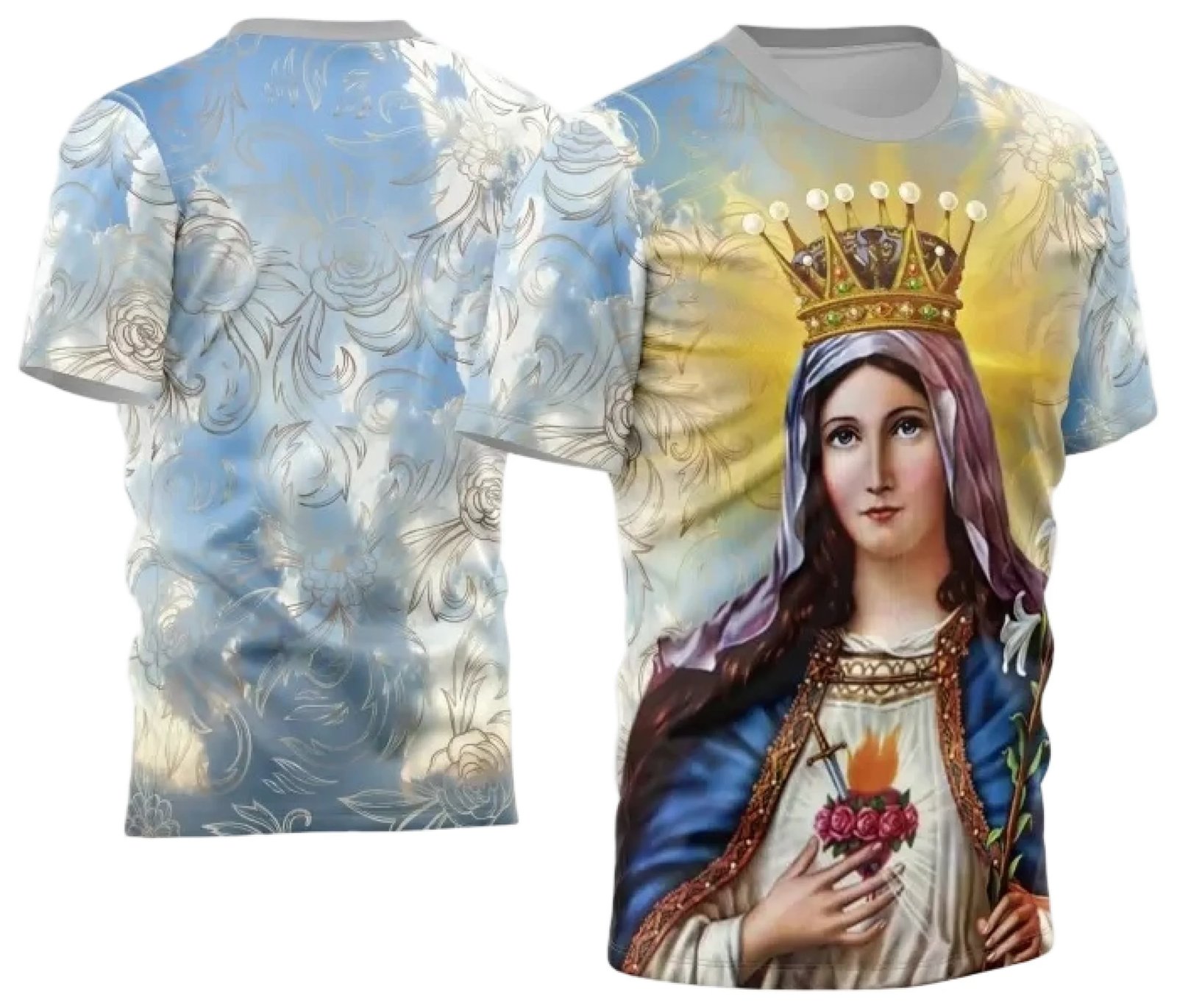 A imagem apresenta a arte digital personalizada Sagrado Coração de Maria Arte Camisa Sublimação em alta qualidade. A arte apresenta um design exclusivo com elementos gráficos religiosos e a inscrição Sagrado Coração de Maria