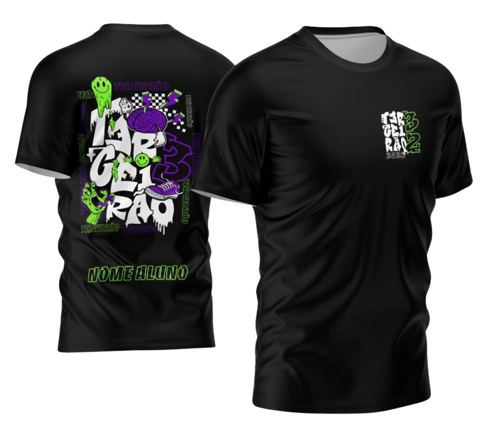 Essa imagem tem os elementos de cerebro, madeira, raios, xadrez, número 3, essa imagem representa a estampa para uma camisa ou para ser usada em produtos personalizados.