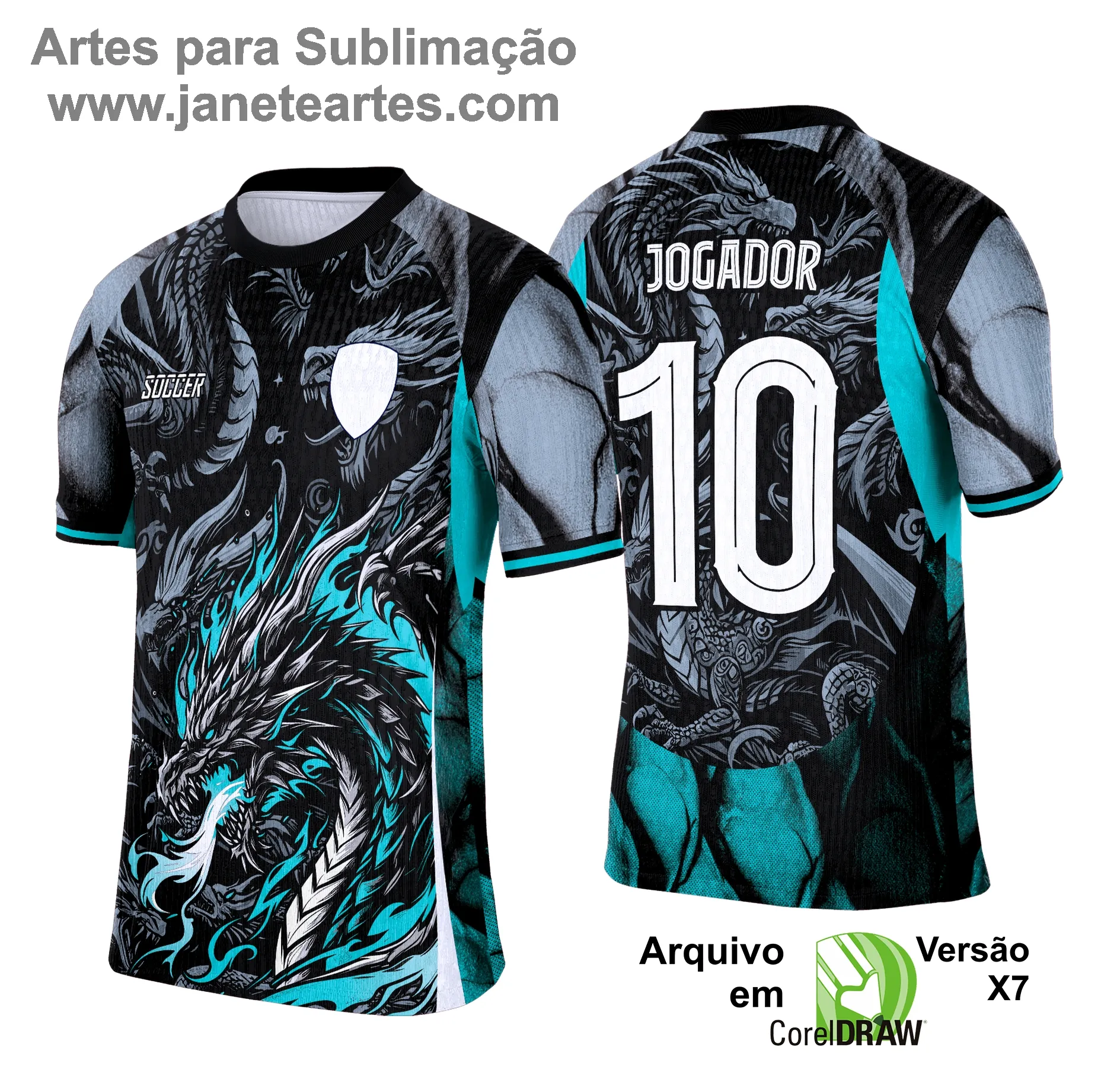 Arte Camisa Interclasse Dragão Negro com Verde Água 2025 - 0009 | Janete Artes Arte Camisa Interclasse Dragão Negro com Verde Água 2025 - 0009 - Janete Artes