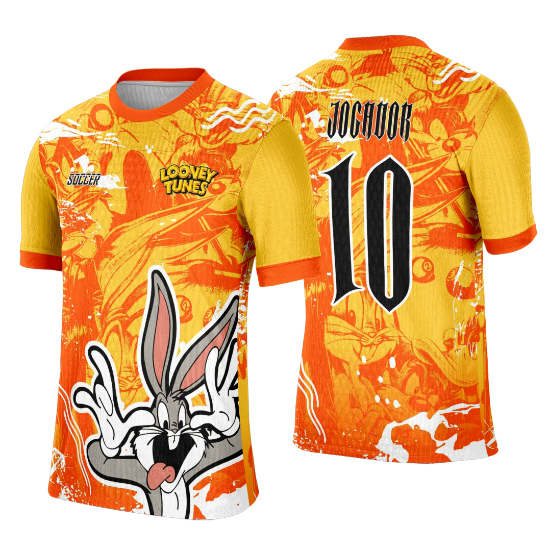 Camiseta unissex preta com logo no peito e estampa grande nas costas representando Interclasse Pernalonga, ideal para eventos e confraternizações escolares.