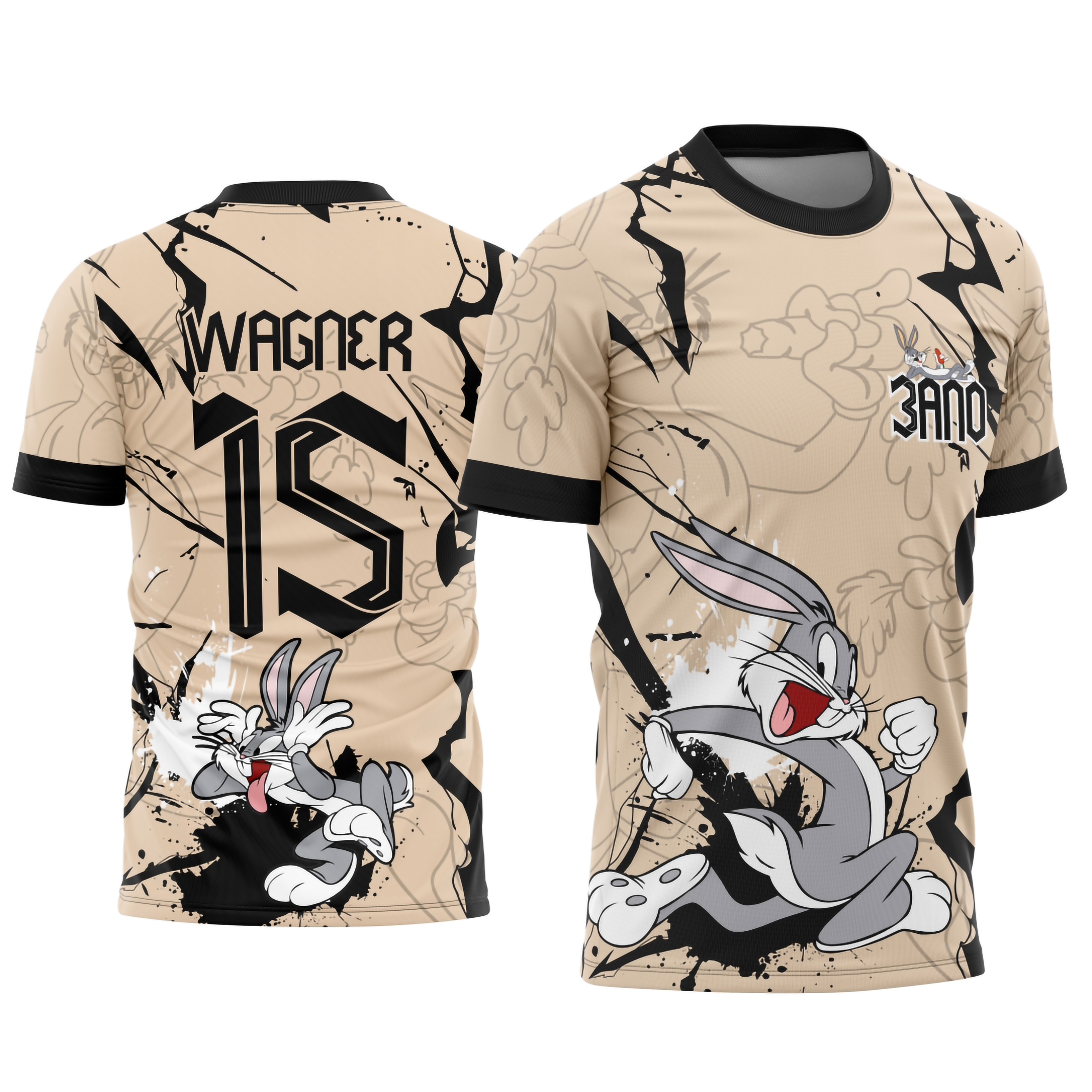 Camiseta unissex preta com logo no peito e estampa grande nas costas mostrando Pernalonga correndo, ideal para fãs e eventos escolares interclasse.