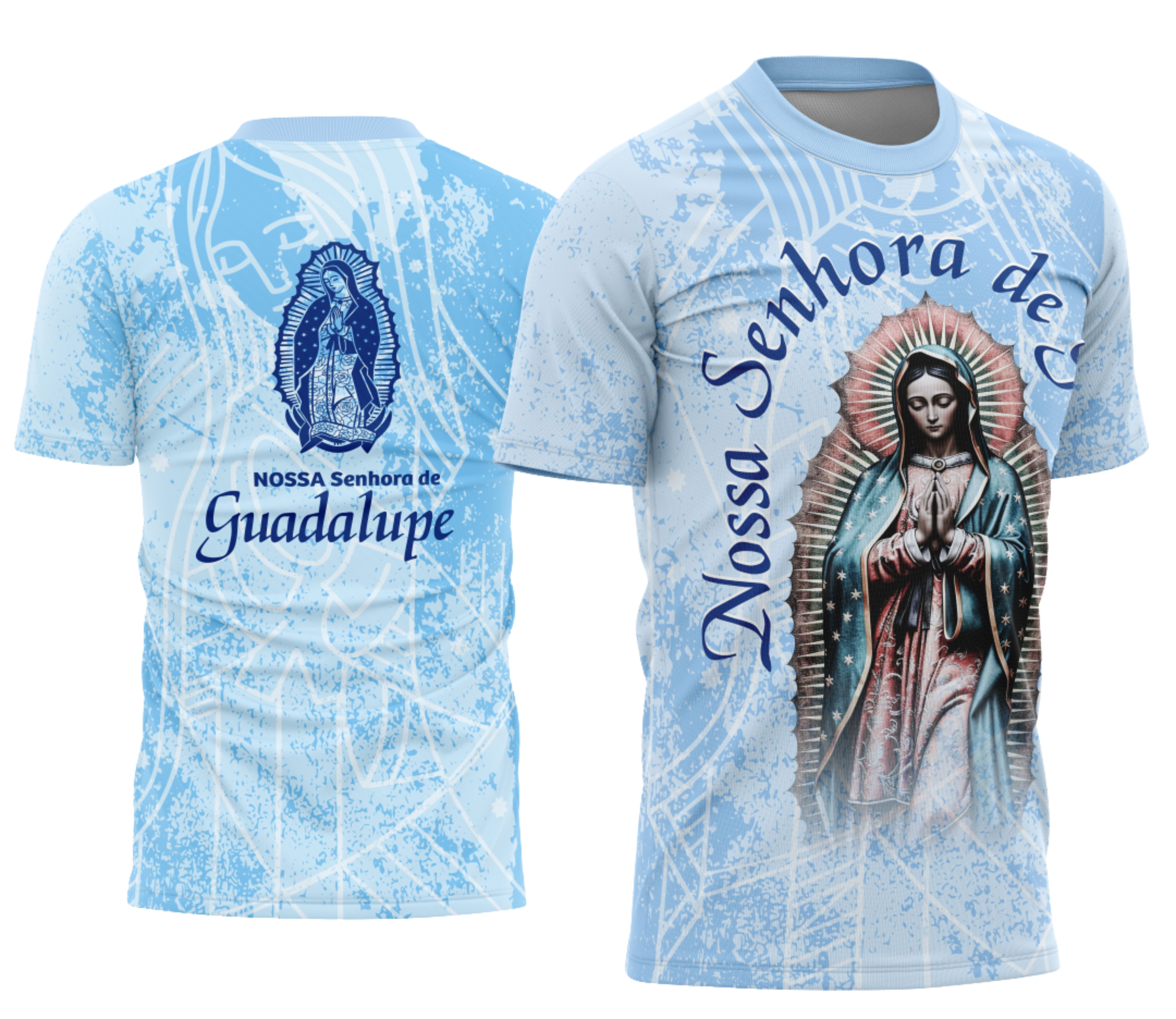 Camisa branca com logo no peito da Nossa Senhora de Guadalupe em detalhes delicados e estampa grande nas costas mostrando a padroeira em cores vibrantes e arte detalhada, perfeita para expressar fé e devoção.
