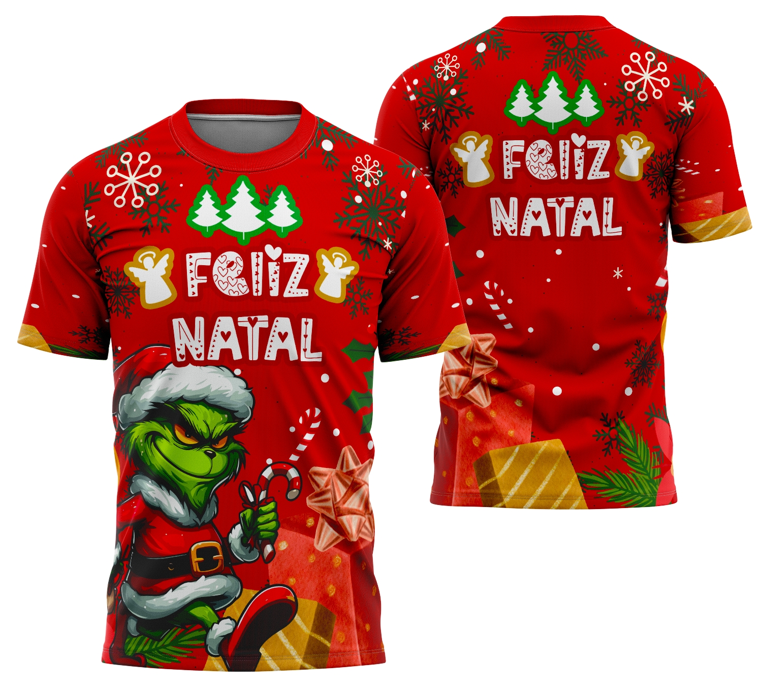 Foto de camiseta unissex branca com logo no peito e estampa grande nas costas com tema Feliz Natal 2025 para sublimação, ideal para festas e clima natalino.