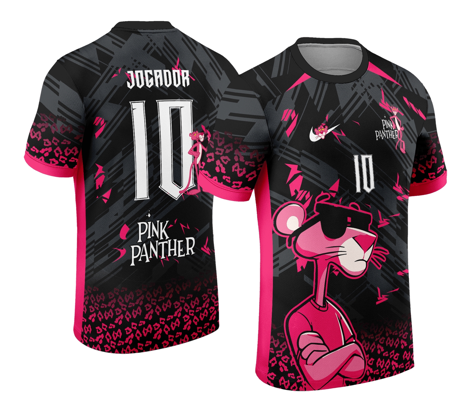 Camiseta unissex com logo no peito e estampa grande nas costas, cor preta, tema Interclasse Pantera cor de rosa 2024, design moderno e impactante.