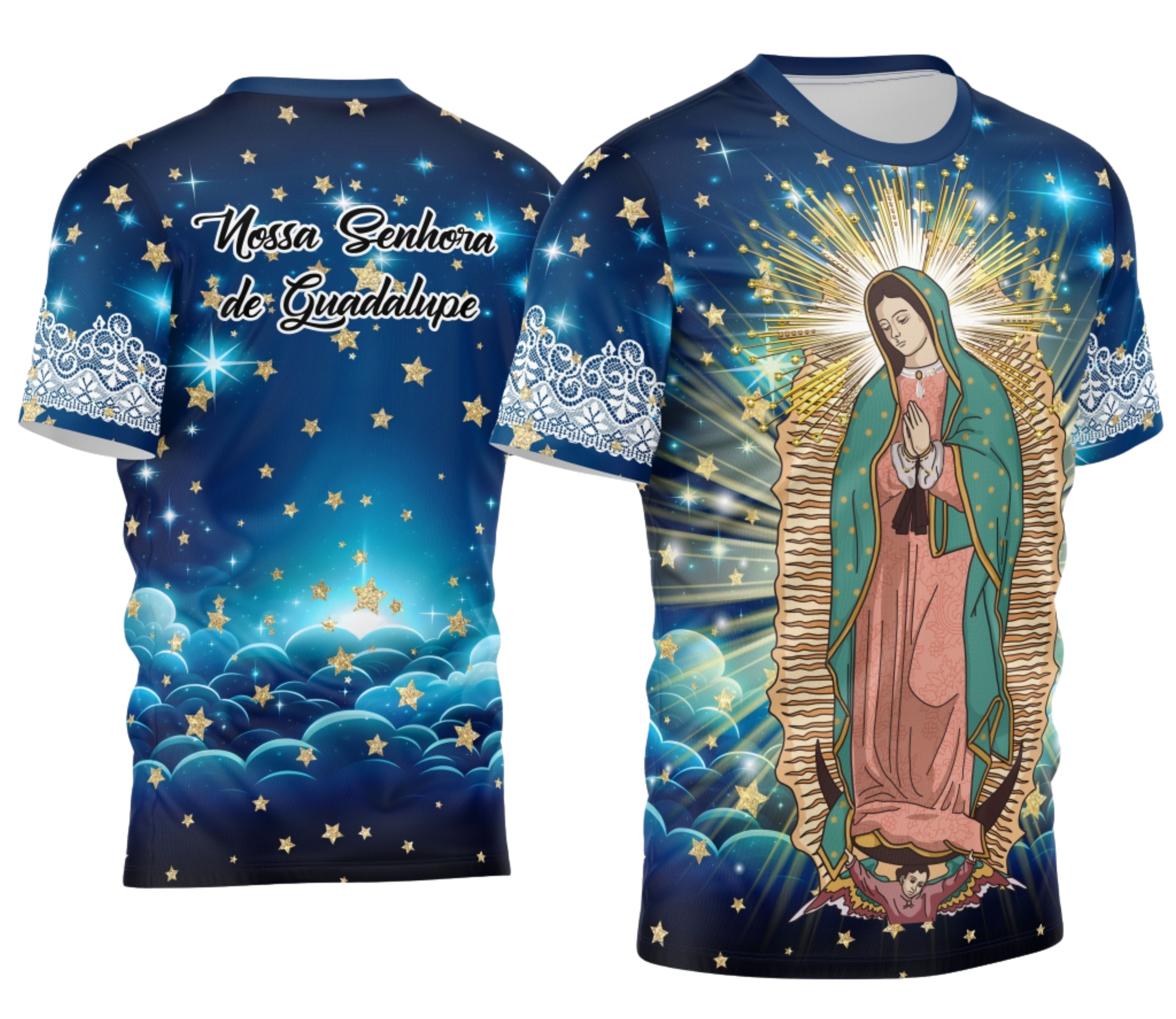 Camisa com logo no peito da Nossa Senhora de Guadalupe e estampa grande nas costas mostrando detalhes vibrantes e arte religiosa marcante, perfeita para expressar fé e estilo com design único e elegante.