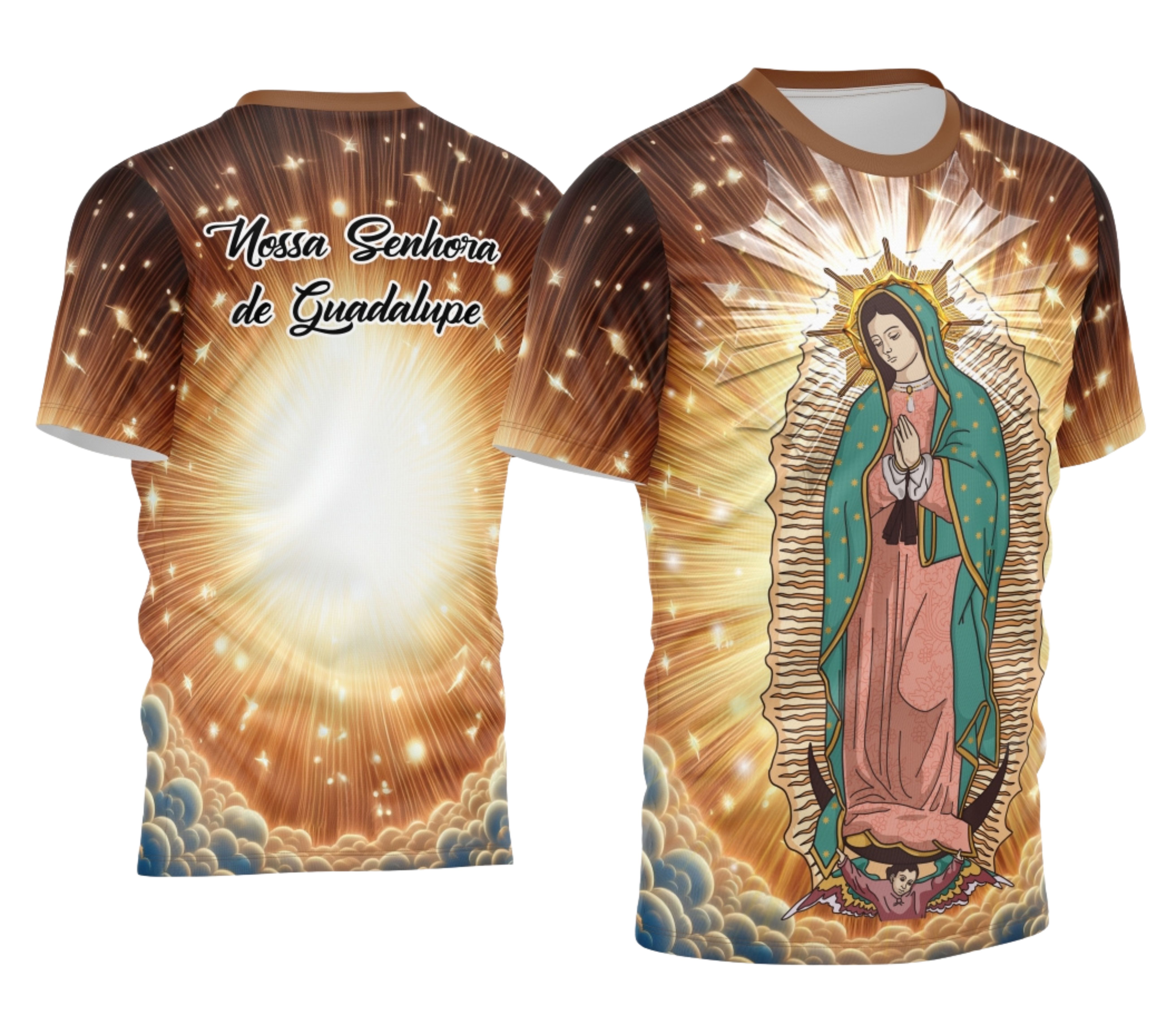Camisa com logo no peito e uma estampa grande nas costas destacando a imagem de Nossa Senhora de Guadalupe, mostrando uma combinação vibrante e sagrada, perfeita para expressar fé e devoção com estilo marcante.