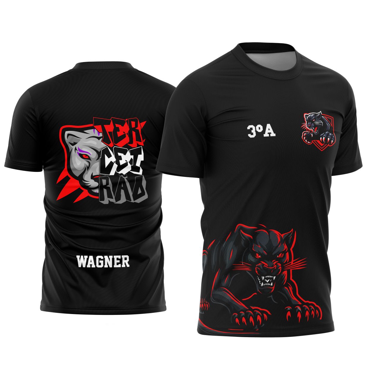 Camisa com logo no peito e estampa grande nas costas com desenho impactante da Pantera Negra, perfeita para celebrar a turma do Terceirão com estilo marcante e atitude poderosa.