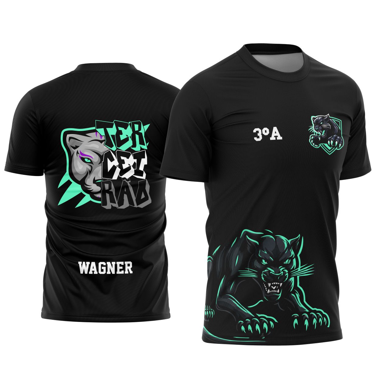 Camisa com logo no peito e estampa grande nas costas, destacando uma pantera negra estilizada em visual imponente que representa força e união da turma do Terceirão.